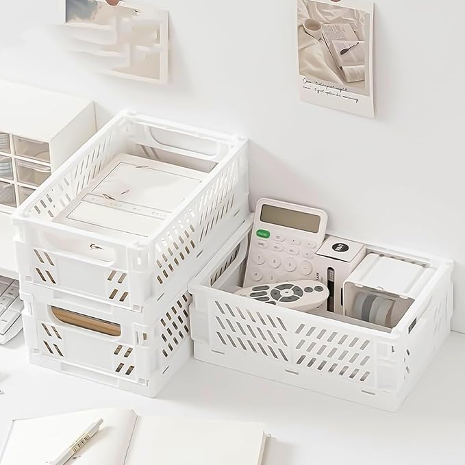 Mini Pastel Plastic Storage Bins 2Pcs Foldable Pastel Crates Plastic Basket Colorful Storage Containers Baskets for Classroom Kitchen Office Bedroom Desktop Home Decor (White 5.8" x 3.8" x 2.2")
