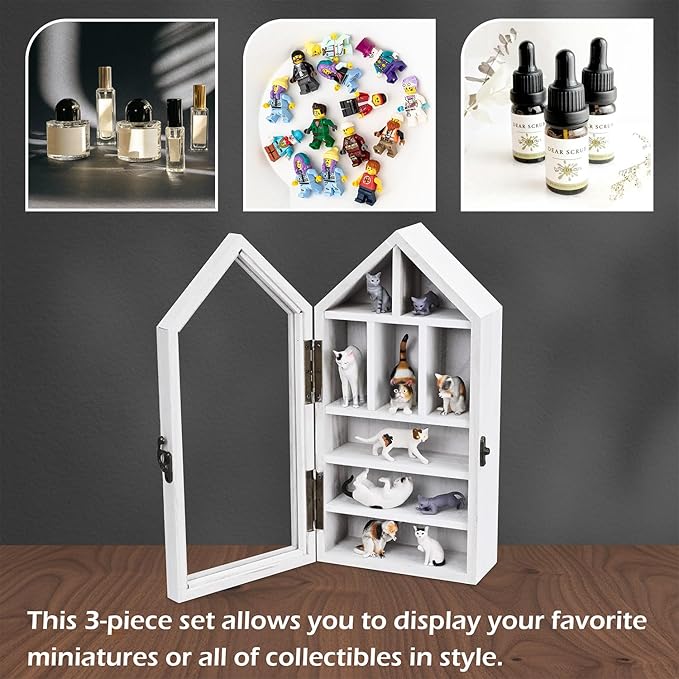 Ikee Design 3 Pcs Set Wall-Mounted House-Shaped Wooden Shadow Cubby Box Display Shelf with Door Storage Display Case for Collectibles, Trinkets, Mini Figures, Antique White, 21.1W x 3.1D x 14.8H in
