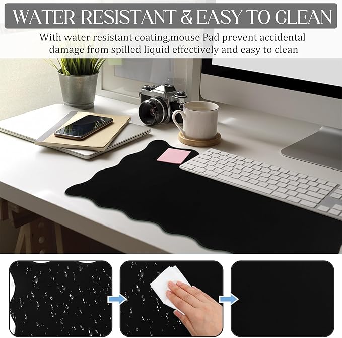 Hahafelt Scalloped Desk Mat Large Desk Pad Cute Coquette Table Mat Aesthetic Preppy Table Make up Pad Nonslip 2026 Graduation Gift with Stitching Waterproof Gaming(Black,23.6 x 13.8 Inches)