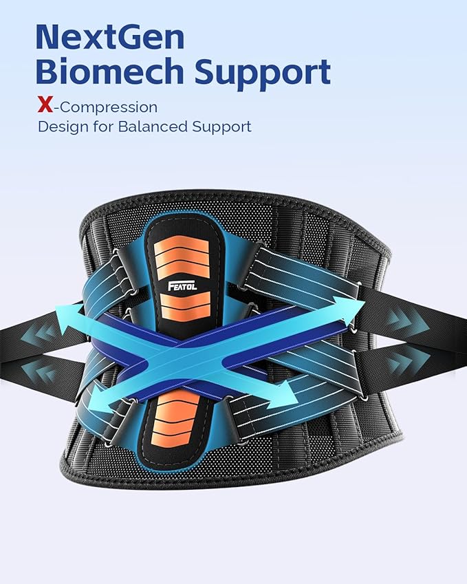 FEATOL Back Brace for Lower Back Pain Women Men, Removable Dual-Side Spine Lumbar Pad with Snug Fit, Adjustable Support Belt for Work, Orange, Size L 34.5-39"