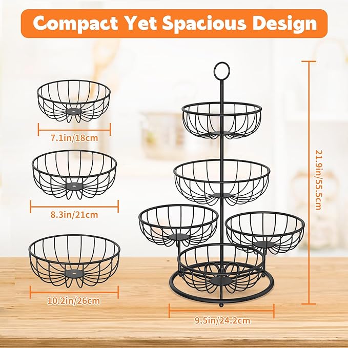 PouHenier.jh 5 Tier Fruit Basket Stand for Counter, Kitchen Tall Tiered Fruit Bowl Organizer for Dining Table Countertop, Multi Level Fresh Produce and Vegetable Holder Rack, Sturdy Metal Wire, Black