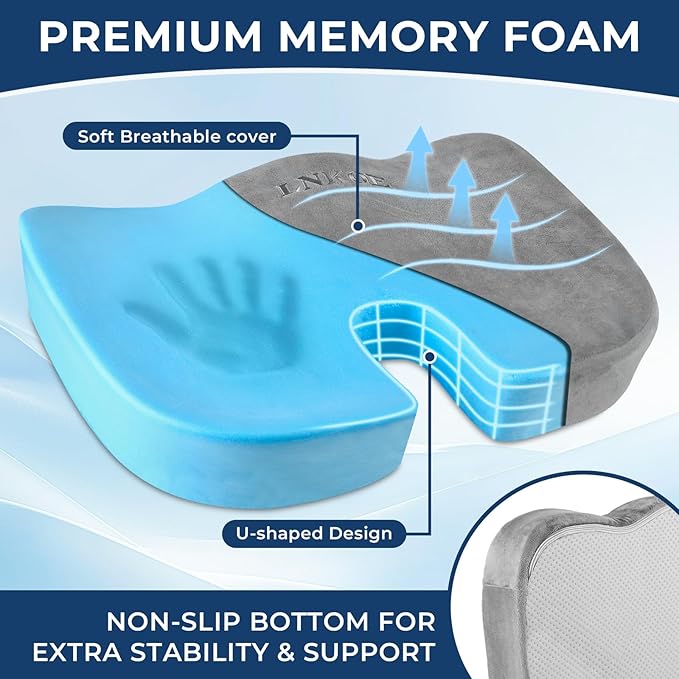Gel Memory Foam Layer Wheelchair Cushion - Wheelchair Office Chair, Kitchen Chair, Car Seat - Pressure Pain and Tailbone Pain Relief - High Density Foam Base (Grey)