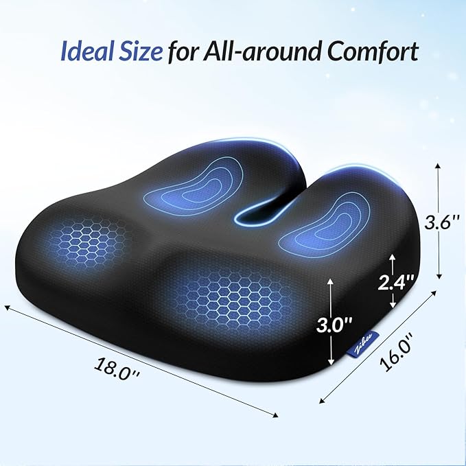 ZIKEE Ergonomic Seat Cushion with Thigh Relief Slope, High-Density Memory Foam Office Chair Cushions with U-Shaped Back for Tailbone, Sciatica Pain Relief, Suitable for Car Seat, Airplane, Bleacher