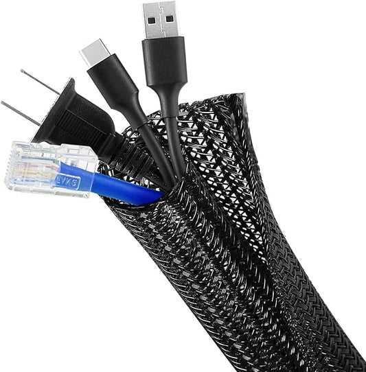 16ft - 1/8 inch Cable Management Sleeve Cord Protector, Split Wire Loom for USB TV Computer, Braided Wire Cover Hider Organizer Tubing Protect Cat Dog from Chewing, Black