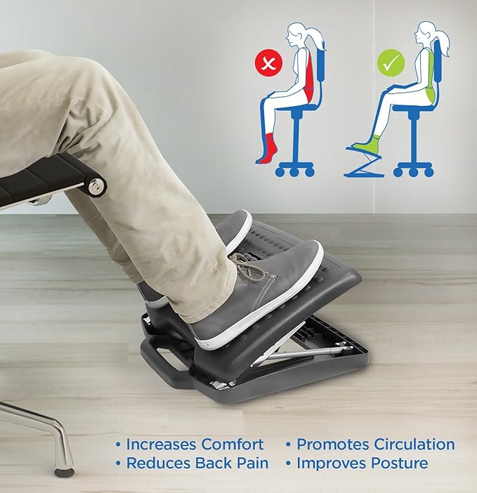 Mount-It! Under Desk Footrest Adjustable Height & Tilt Foot Rest Under Desk (3"–15") with Massage Rollers, Large Non Slip Ergonomic Office Foot Stool for Home Office & Workstation