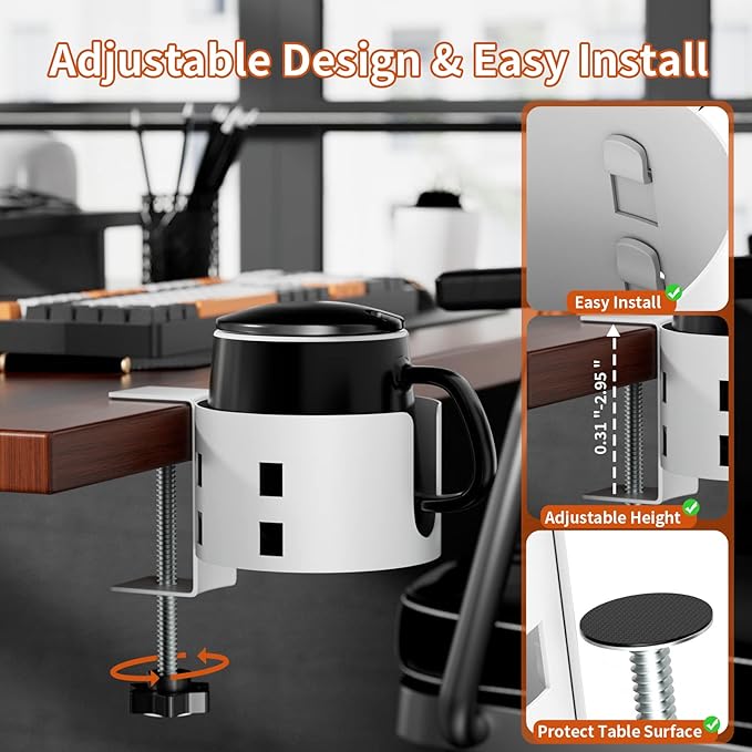 Upgraded Large Desk Cup Holder Clamp, Anti-Spill Cup Holder for Table, Durable 5 Adjustable Directions, Metal Office & PC Gaming Desk Accessories, Enough to Hold Coffee Cups, Water Bottles, White
