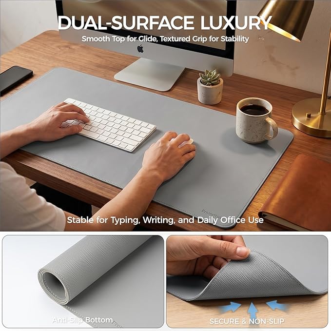 Large Desk Pad Non-Slip Desk Mat Protector for Keyboard Mouse Waterproof Vegan Leather Surface Faux Leather Laptop Mat Smooth Mouse Pad Premium Gift Tube Mist Gray 47" x 23"