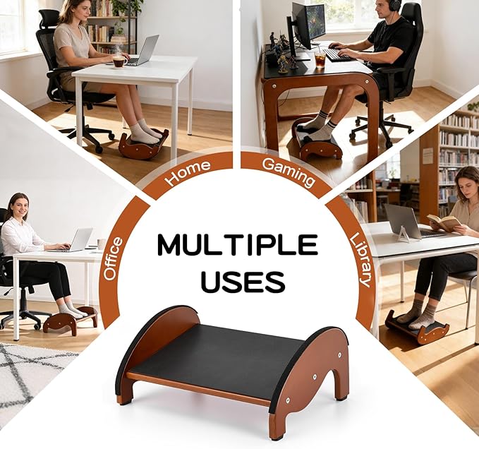 Foot Rest Under Desk – Ergonomic Solid Wood Under Desk Footrest with Non-Slip Silicone Top & Rubber Feet, 10° Tilt Foot Stool for Office Home, 40×28×16cm
