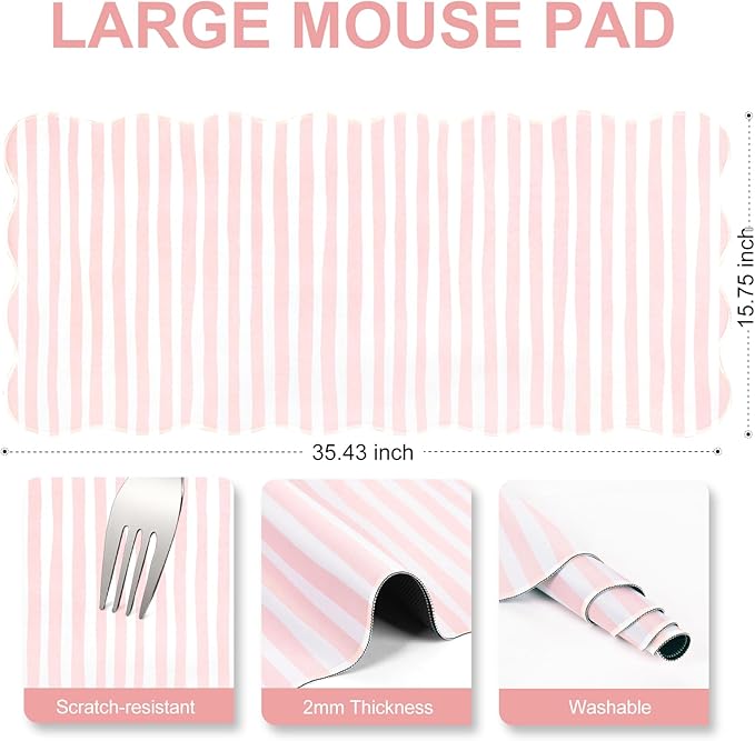 L-SPOUTTO Pink Striped Mouse Pad,Scalloped Desk Mat XXL Large Geometric Gaming Mousepad,35.4x15.7in Non-Slip Rubber Base Keyboard Pad Waterproof Desktop Mat for Laptop Computer Game Home Office