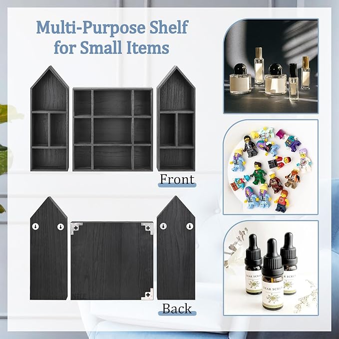 Ikee Design 3 Pcs Set Wooden Shadow Cubby Box Display Shelf Organizer Storage Shadow Box for Collectibles, Mini Figures, 17 compartments, Black Color, 22.8W x 2.4D x 15.7H in