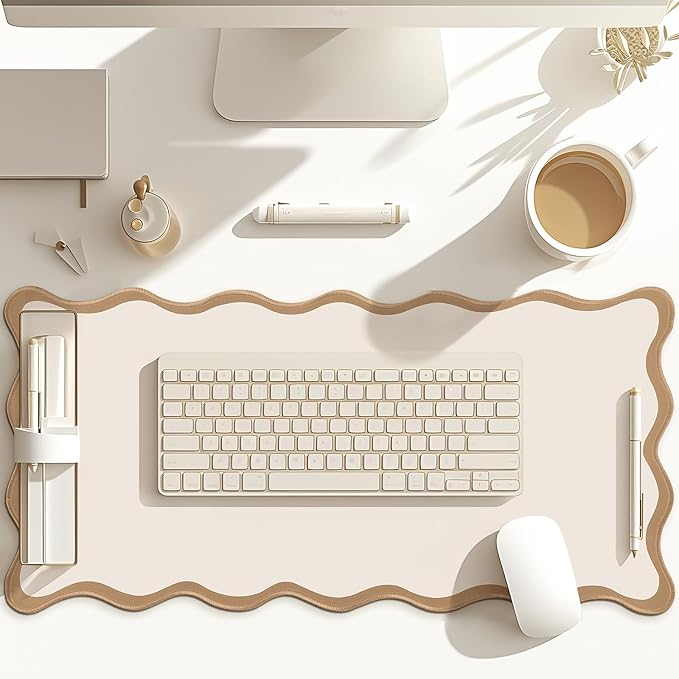 Hahafelt Scalloped Desk Mat Large Desk Pad Cute Coquette Table Mat Aesthetic Preppy Table Make up Pad Nonslip 2026 Graduation Gift with Stitching Waterproof Gaming(Beige,31.5 x 15.8 Inches)
