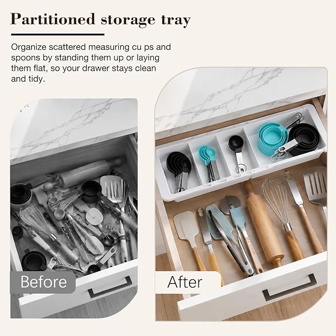 Expandable Measuring Cup Organizer & Measuring Spoon Organizer for Deep Drawers, 11.4''–18.1'' Adjustable Kitchen Drawer Organizer with 3 Dividers, Space-Saving Flatware Bin for Home & Kitchen