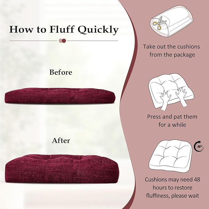 downluxe Chair Cushions for Dining Chairs 2 Pack, Tufted Indoor Chair Pads with Non-Slip Bottom, U-Shaped Kitchen Chair Cushions, 18"x18"x4", Burgundy
