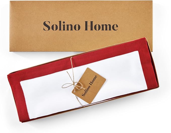 Solino Home Linen Placemats Set of 4 - Red and White Placemats 14 x 19 Inch - 100% Pure Linen Table Place Mats - Classic, Handcrafted and Machine Washable
