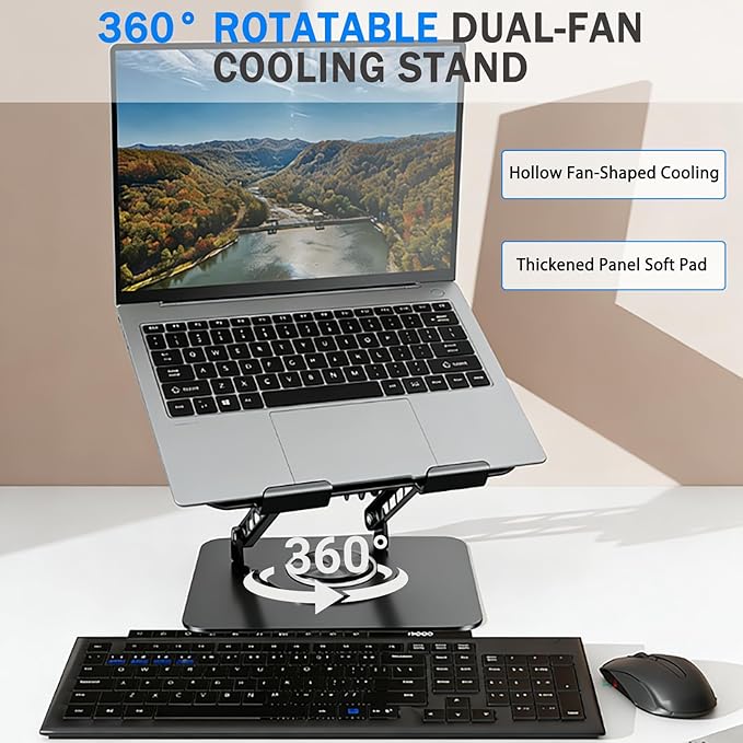 Laptop Stand with Cooling Fan, 360° Rotating Base Aluminum Laptop Riser, Foldable Ergonomic Computer Stand for Desk, Height Adjustable Notebook & All Laptops Up to 17.3" (Black)