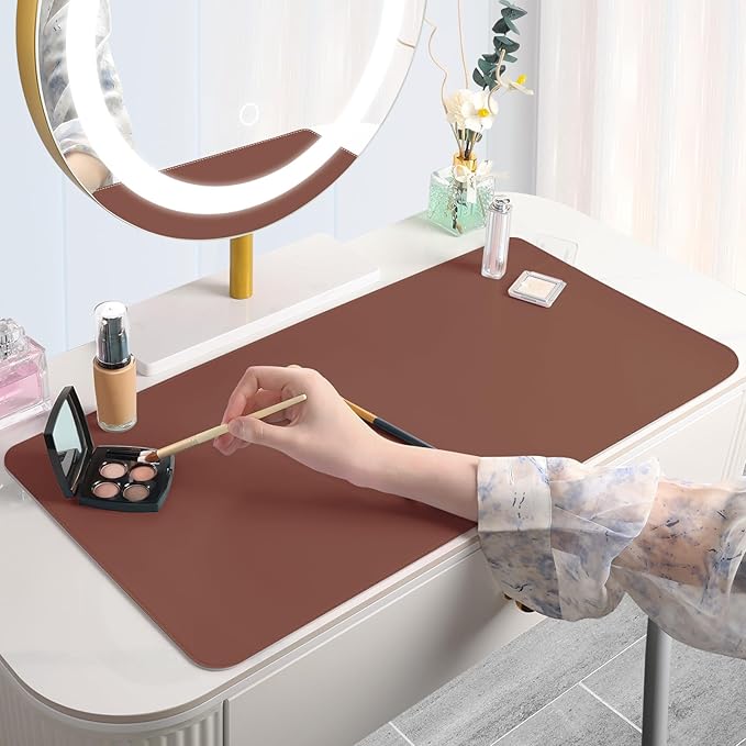 Makeup Mat for Vanity to Protect Desk Top 31.5 x 15.7 in, Dual-Sided Makeup Mat, Easy to Clean Desk Pad - Waterproof and Oilproof Vanity Accessories (Brown and Grey)