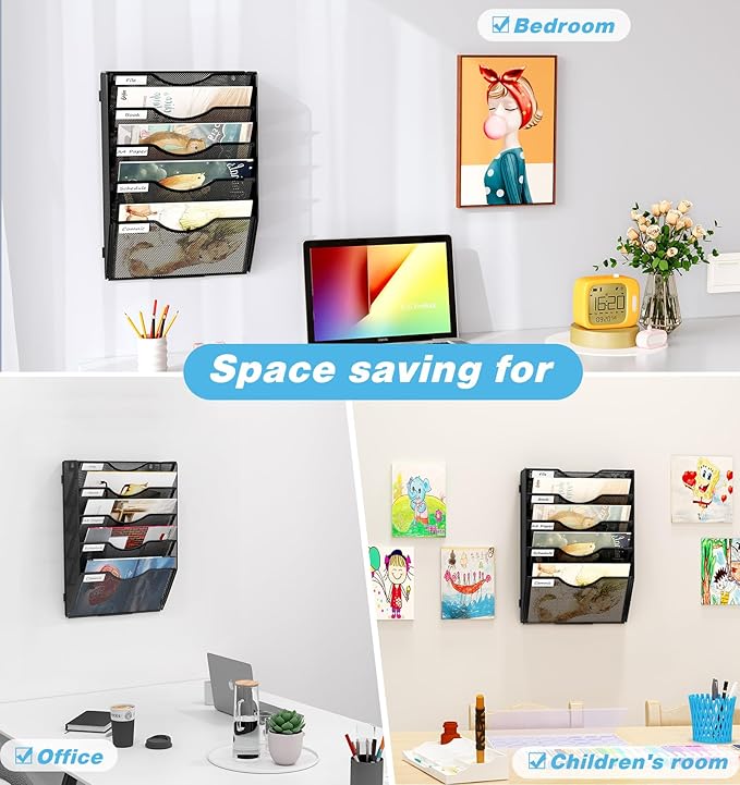 Wall Hanging File Holder 5 Pocket Wall Mounted Paper Organizer Magazine File Holder Storage Rack,Black