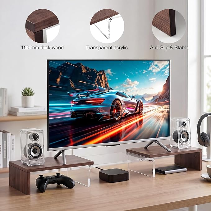 Dual Monitor Riser, Acrylic Monitor Riser, Adjustable Angle & Length Computer Monitor Stand, Wide Desk Shelf for Top of Desk for Home Office_Walnut Look Small