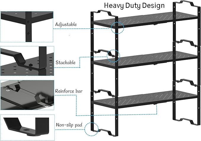 Jojocross Expandable Shelf for Cabinet Organizer Adjustable Stackable Spice Rack at Kitchen and Bathroom More, Counter Countertop Cupboard Organization Pantry Storage (1 Pack/Black, Large)