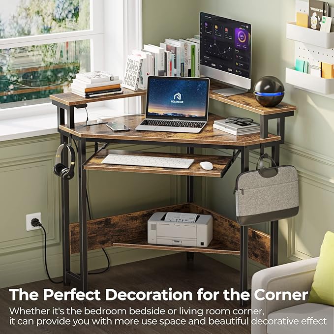 Rolanstar Corner Desk, 44.5" W x 34.5" H Small Computer Desk with Power Outlets, Gaming Desk with LED Lights, Triangle Corner Desk with Keyboard Tray & Monitor Stand for Small Space, Rustic Brown