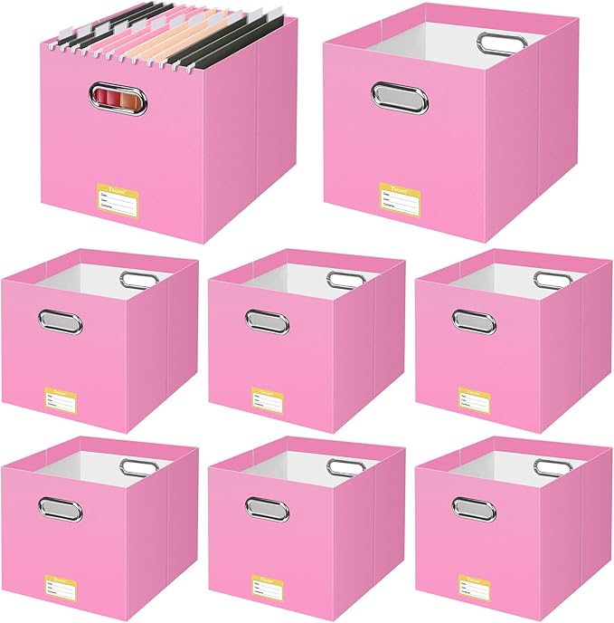 BALEINE File Organizer Box, Cardboard File Folder Organizer with Handle for Letter Size, Portable Collapsible Hanging Filing Box for Home Office Document Storage (8 Pack, Large Pink)