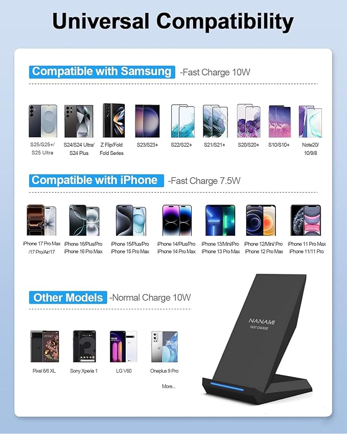 Fast Wireless Charger, [2 Pack] NANAMI Wireless Charging Stand for iPhone 16/16 Plus/16 Pro/16 Pro Max/15/14/13/12, Phone Charger Dock for Samsung Galaxy S26/S26+/S24/S24 Ultra/S23/S22/S21, Pixel 6/5