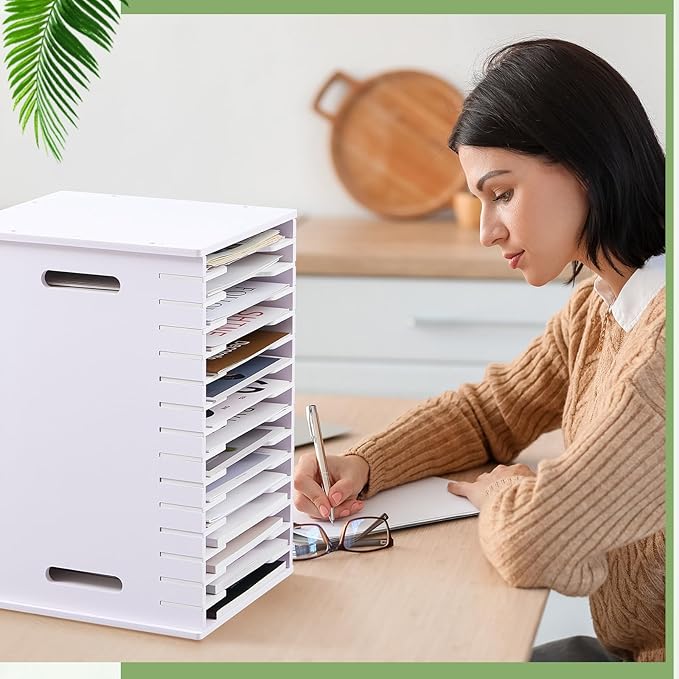 Juexica 15 Tier 8.5" x 11" Scrapbook Paper Organizer, White Cardstock File Organizer with Adjustable Shelves, Stackable Paper Trays, Desktop Storage Rack Document Holder for Desk Home Office