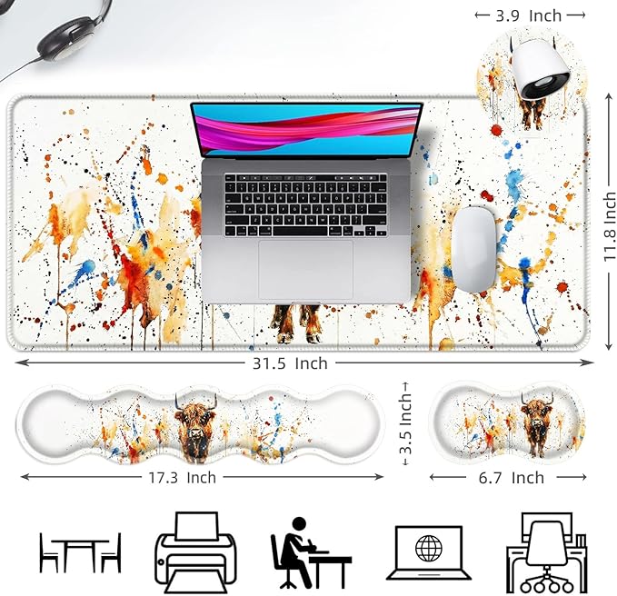 Ergonomic Mouse Pad Set with Wrist Support for Keyboard and Wrist Rest for Mouse, Memory Foam Comfort, Non-Slip Large Desk Mat for Home Office Pain Relief,Watercolor Highland Cow