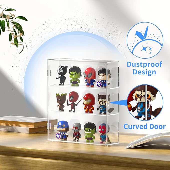 AITEE Acrylic Display Case for Mini Funko Pop Figures, Clear Wall Mounted or Desktop 3 Layer Storage Cabinet Organizer for Mini Figures,Collections,Dustproof Display Case for Toys Rock Stone