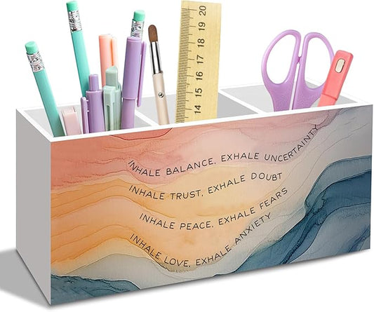Inhale Exhale Mental Health Pen Pencil Holder for Desk, Watercolor Abstract Office Desk Accessories, Calming Breathe Pen Holders Organizer for Therapy Counselling Room, Therapy Office Decor