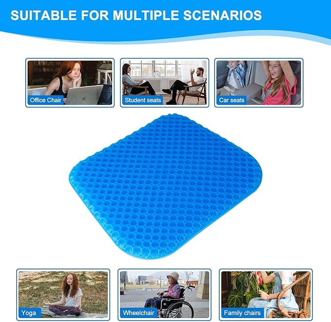 EVEME Gel Seat Cushion for Long Sitting with Non-Slip Cover,Cooling seat Cushion,Breathable Honeycomb Design Absorbs Pressure Points,for Office Chair, Home Car seat,Wheelchair