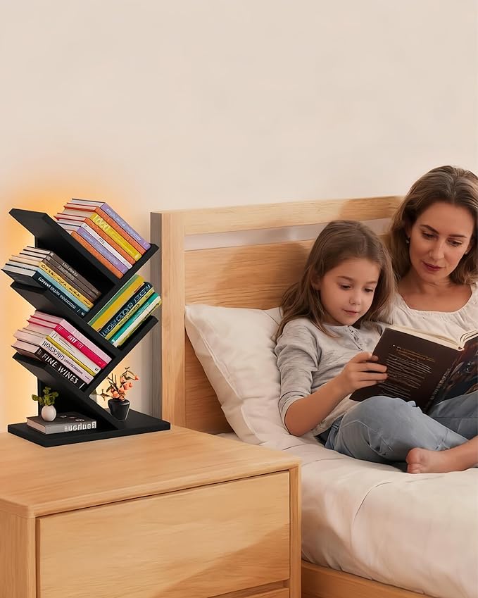 Godferyxin Bookshelf with Liting,Small Bookshelf LED and Desktop Book Shelf Light for Office, Home or School Mini Bookcase for Wood Displaying Books, CDs, Magazines Wood Shelf Rack