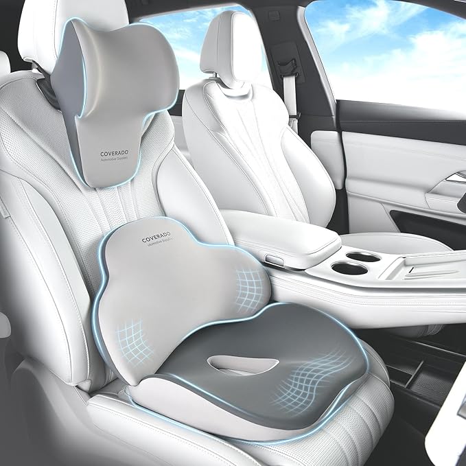 Coverado Car Seat Cushion and Lumbar Support with Headrest Pillow Memory Foam Ergonomic Back Support Driving Seat Cushion Neck Head Pillow, Back Pain Relief, Cushion for Car Driver Office