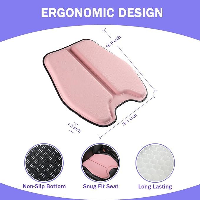 Soft Thin Gel Seat Cushion for Car Seat, Office Chair, Wheelchair, Stadium - Non-Slip Car Seat Cushions with 1 Inch Gel - Sciatica & Tailbone Pain Relief (Pink)