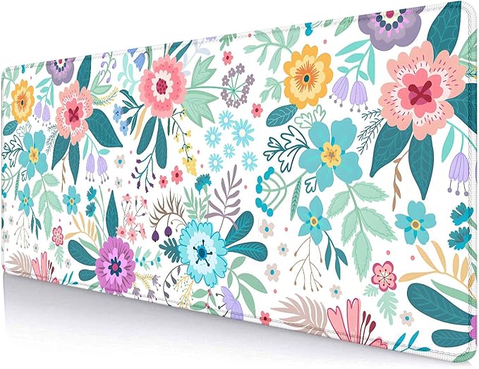 Pretty Flowers Desk Mat, Colorful Floral Large Gaming Mouse Pad, Botanical Mousepad, Cute Girly Aesthetic Desktop Decor, Laptop Computer Pad, 31.5x11.8 Inch
