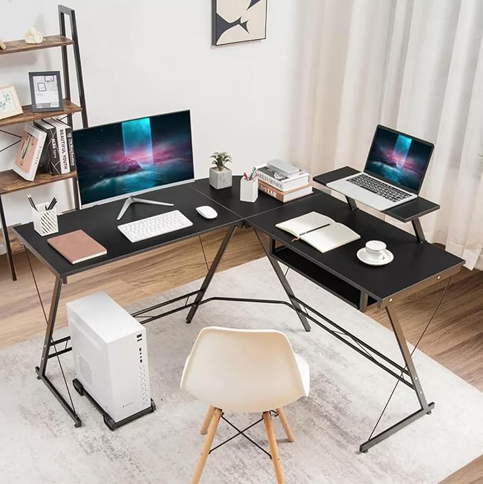 Office Gaming Corner Desk with Keyboard Tray and CPU Stand,Glass L Shaped Computer Home Desk,3-Piece PC Laptop Study Writing Workstation Table by XXFBag - Black