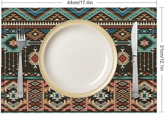 Vintage Aztec Southwest Placemats Ethnic Style Design Boho Geometric Pattern Linen Washable Table Mats Stain Heat-Resistant Desktop Decor Place Mats for Home Kitchen Dining Party 12x18 in 6 Pcs