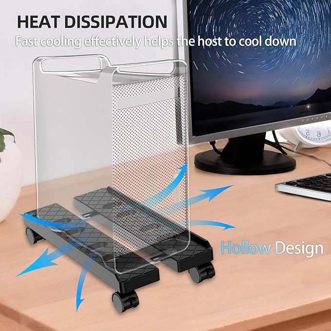 Adjustable Mobile CPU Stand, Ventilated Computer Tower Stand with 4 Caster Wheels Fits Most PC Tower, Under Desk CPU Holder PC Floor Cart Computer Riser for Gamers and Students (Large Black)