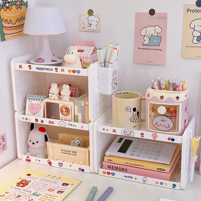 Lae Nuvole Desktop Organizer Shelf Stationery Organizer with Pen Holder Office Desk Top Pegboard Shelf Plastic Combinable Storage organizer for Desk, Office, Tabletop, Dorm (Pink, 2 Tier)
