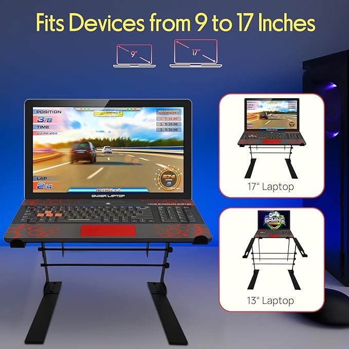 Pyle Portable Dual Laptop Stand - Standing Table with Adjustable Height, Ergonomic Design & Anti-Slip Prongs for DJ Mixer, Sound Equipment, Workstation, Gaming & Home Use - PLPTS38, Black