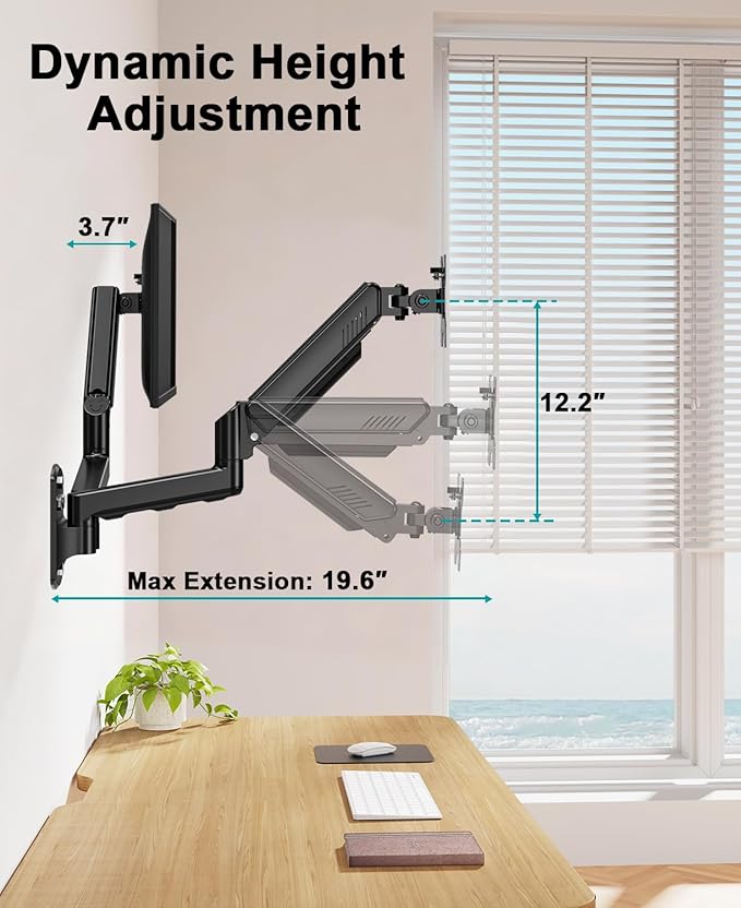 MOUNT PRO Dual Monitor Wall Mount for 2 Computer Screen up to 32 Inch, Gas Spring Double Monitor Arm Holds Up to 17.6lbs Each, Full Motion Adjustable Wall Monitor Mount, VESA Mount 75x75/100x100