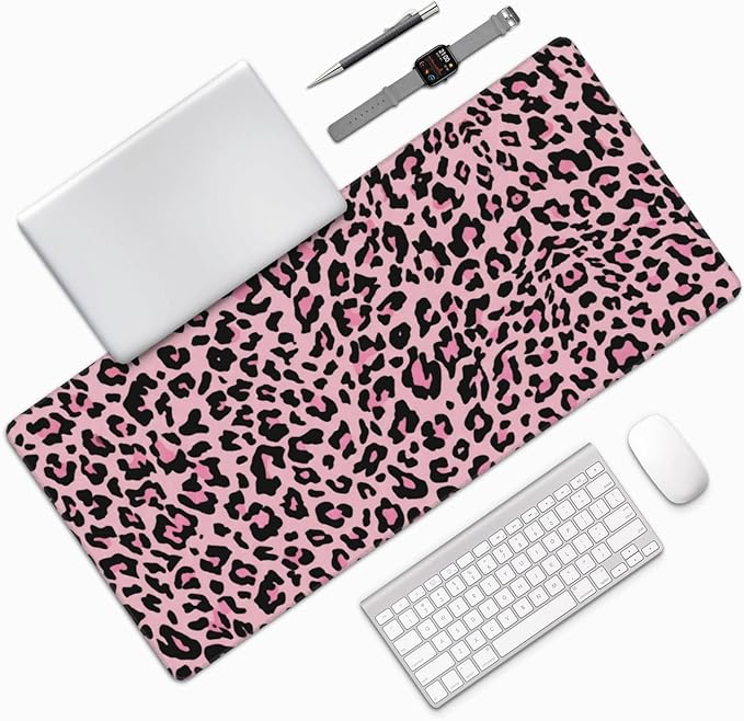 Leopard Large Mouse Pad & Desk Mat Pink Black Cheetah Print Extended Mousepad Non-Slip Rubber Base Laptop Computer Keyboard Pad for Gaming, Office & Home Decor, XXXL - 35.4" X 15.7"