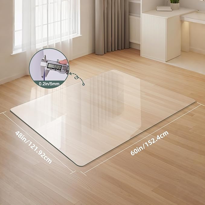 Tempered Glass Chair Mat 60" x 48" - 1/5" Thick, Heavy Duty, Anti-Slip Pads, for Office Chairs on Carpet or Hard Floorr with 4 Anti-Slip Pads, Rolling Glass Chair Mat