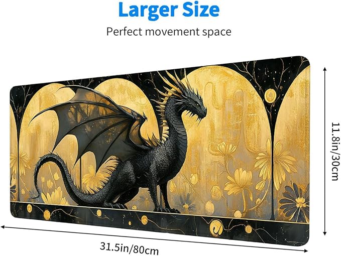Dragon Desk Mat Black Gold Flower Petal Mousepad XL Large Gaming Mouse Pad Laptop Keyboard Mat Desk Pad for Office Desktops, Home Workstations, and Laptops 31.5x11.8 Inch