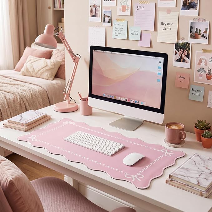 Scalloped Bow Desk Mat Cute Coquette Large Mouse Pad Kawaii Cottagecore ‌Vintage‌ Rustic Keyboard Pad Nonslip 2026 Graduation Gift with Stitching Waterproof Gaming(Pink)