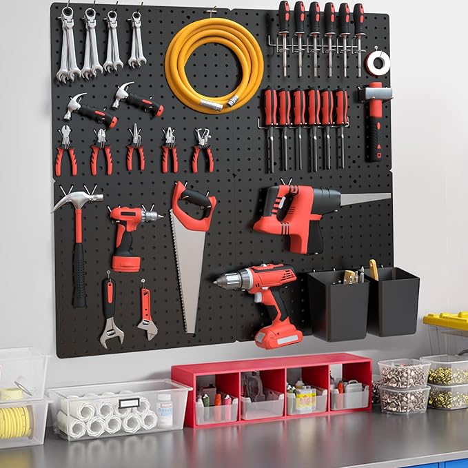 FZK Peg board Kit, Peg Board with Hooks, 30cm*30cm, Includes 4 Black Pegboards and Accessories, Plastic Pegboard,Pegboard Wall Organizer, Garage Storage