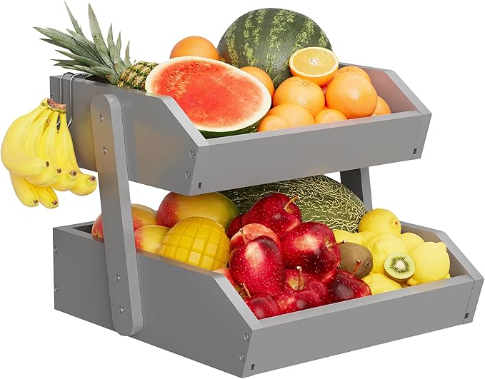 Hellojin Bamboo 2 Tier Fruit Basket For Counter, Large Capacity Fruit Storage Countertop, Fruit Holder, Wooden Pantry Organizers and Storage, Kitchen Countertop Organizer With 2 Banana Hangers (Grey)
