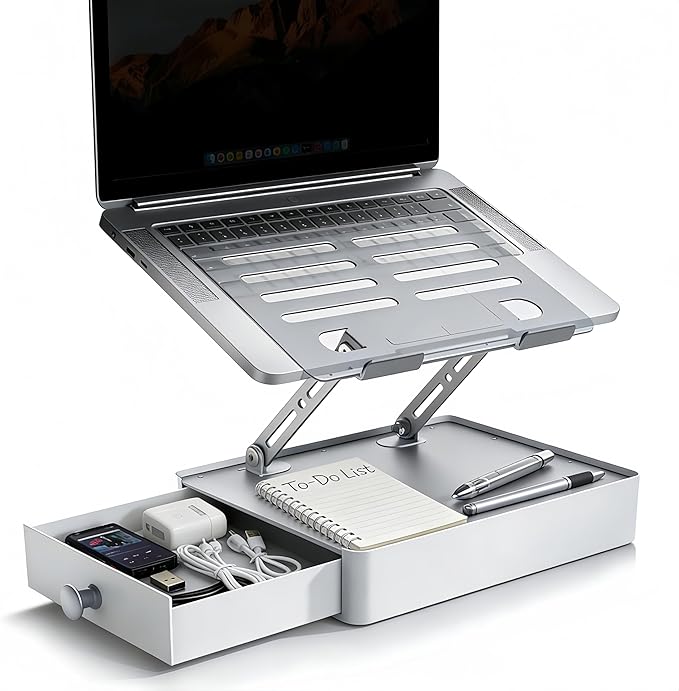 Laptop Stand with Storage Drawer, Heavy-Duty Metal Laptop Riser for Desk, Ergonomic Height & Angle Adjustment for 10–16.2″ Laptops, Silver