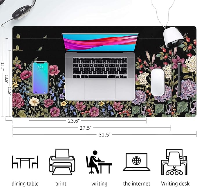 Cute Desk Mat, Black Floral Plants Large Mouse Pad for Desktop, PU Leather Waterproof Desk Pad, Anti-Slip Computer PC Laptop Protector Gaming Mouse Pads for Office Home Decorations (23.6" x 11.8")