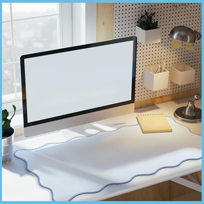 Hahafelt Scalloped Desk Mat Large Desk Pad Cute Coquette Table Mat Aesthetic Preppy Table Make up Pad Nonslip 2026 Graduation Gift with Stitching Waterproof Gaming(Blue,36 x 17 Inches)